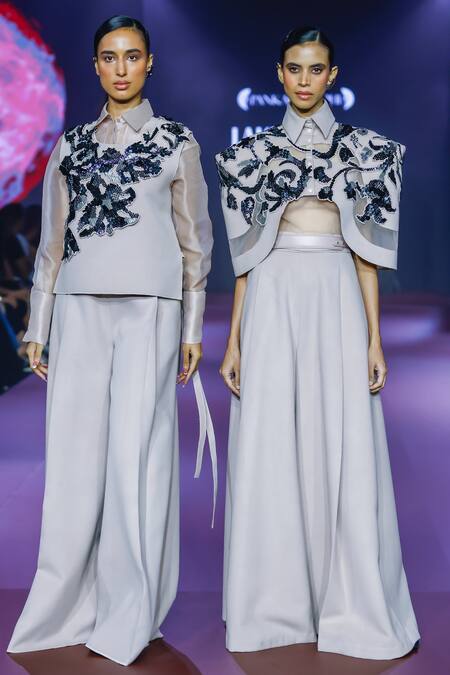 Shop_Pankaj & Nidhi_Pink Wool Fawn Sequin Applique Cape And Trouser Set _Online_at_Aza_Fashions