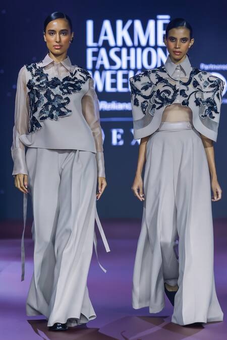 Pankaj & Nidhi_Pink Wool, Silk Organza Sequins, Applique Round Neck, Top And Trouser Set _Online_at_Aza_Fashions