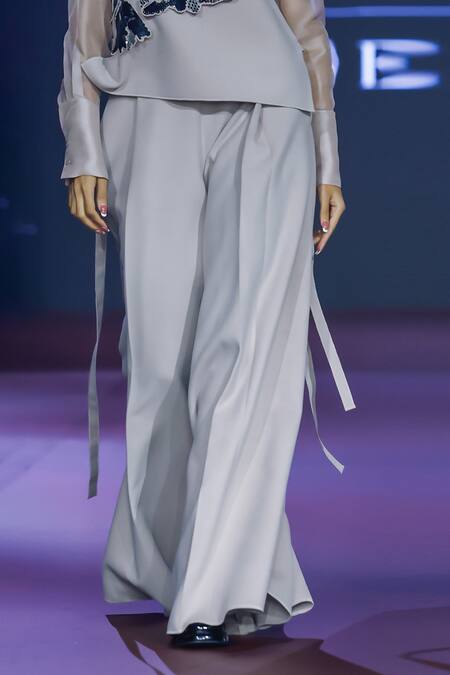 Buy_Pankaj & Nidhi_Pink Wool, Silk Organza Sequins, Applique Round Neck, Top And Trouser Set _Online_at_Aza_Fashions