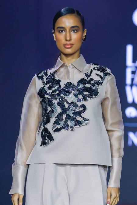 Shop_Pankaj & Nidhi_Pink Wool, Silk Organza Sequins, Applique Round Neck, Top And Trouser Set _Online_at_Aza_Fashions