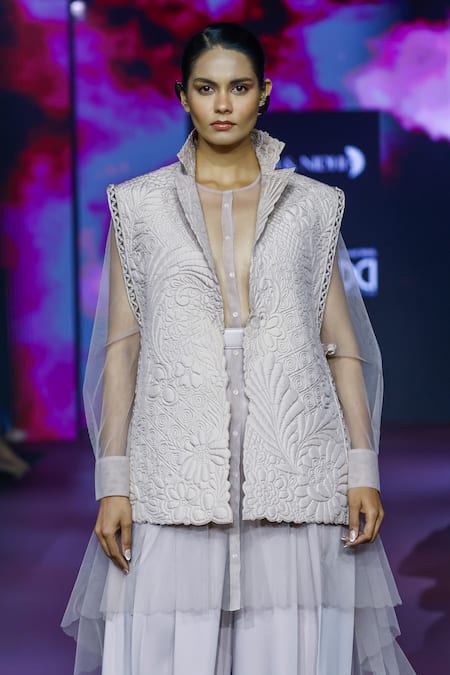 Shop_Pankaj & Nidhi_Pink Silk Cut Work, Embroidery Collared Botanical Quilted Jacket _Online_at_Aza_Fashions