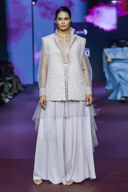 Pankaj & Nidhi_Pink Silk Cut Work, Embroidery Collared Botanical Quilted Jacket _at_Aza_Fashions