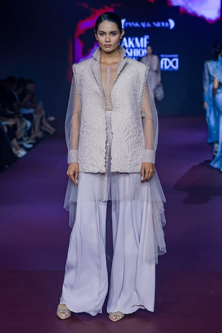 Pankaj & Nidhi_Pink Tulle, Silk, Crepe Cut Work Round Botanical Quilt Jacket And Flared Pant Set _Online_at_Aza_Fashions