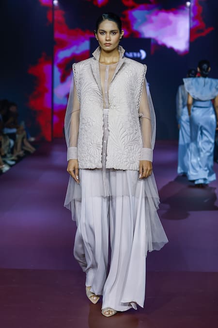 Buy_Pankaj & Nidhi_Pink Tulle, Silk, Crepe Cut Work Round Botanical Quilt Jacket And Flared Pant Set _Online_at_Aza_Fashions