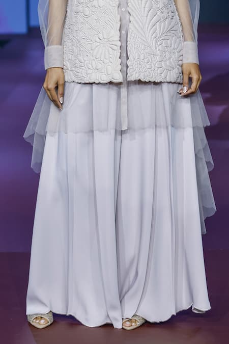 Buy_Pankaj & Nidhi_Pink Tulle, Silk, Crepe Cut Work Round Botanical Quilt Jacket And Flared Pant Set 