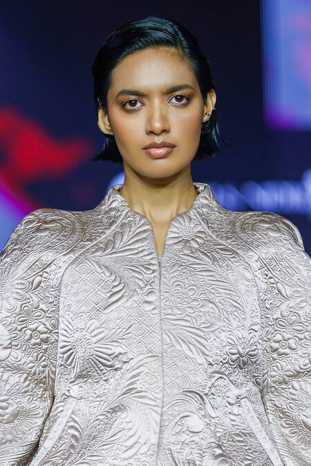 Pankaj & Nidhi Pink Viscose Embroidery Round Neck Dusky Rose Quilted Jacket at Aza Fashions Pankaj & Nidhi_Pink Viscose Embroidery Round Neck Dusky Rose Quilted Jacket _at_Aza_Fashions