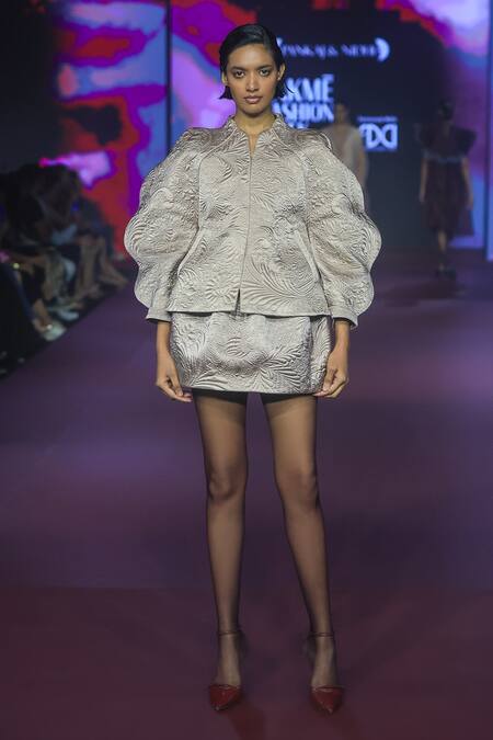 Pankaj & Nidhi_Pink Viscose Embroidery Dusky Rose Quilted Short Skirt _Online_at_Aza_Fashions