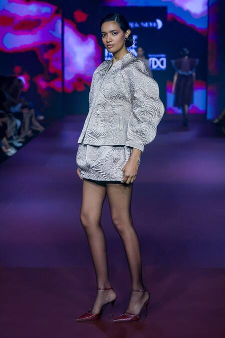 Buy_Pankaj & Nidhi_Pink Viscose Embroidery Dusky Rose Quilted Short Skirt _Online_at_Aza_Fashions