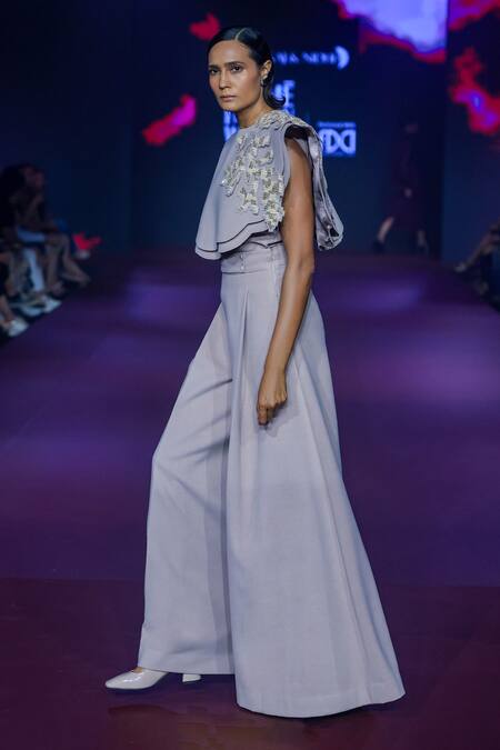 Pankaj & Nidhi_Pink Wool Bead Embroidered Cape Top And Flared Pant Set _Online_at_Aza_Fashions