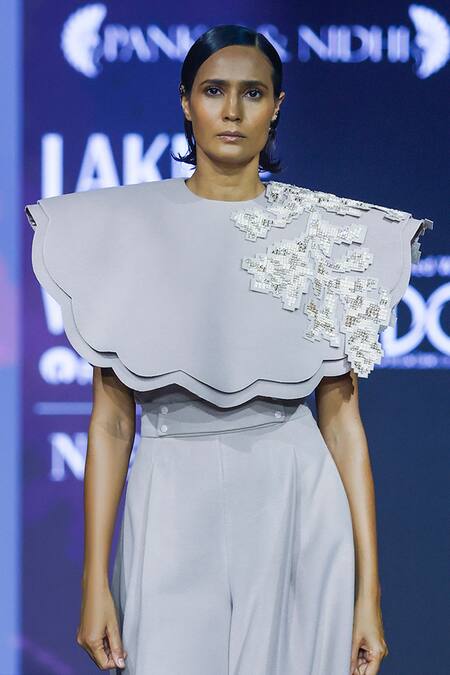 Shop_Pankaj & Nidhi_Pink Wool Bead Embroidered Cape Top And Flared Pant Set _Online_at_Aza_Fashions