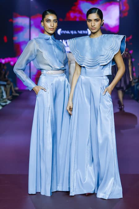 Shop_Pankaj & Nidhi_Blue Silk Organza Round Neck Wavy Scallop Layered Top _Online_at_Aza_Fashions