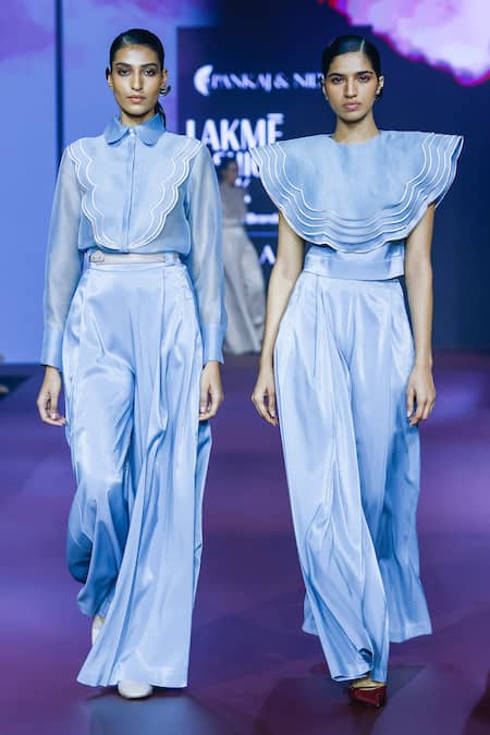 Pankaj & Nidhi_Blue Organza, Scallop Layered Cape Top And Flared Pant _Online_at_Aza_Fashions