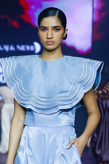 Buy_Pankaj & Nidhi_Blue Organza, Scallop Layered Cape Top And Flared Pant _Online_at_Aza_Fashions