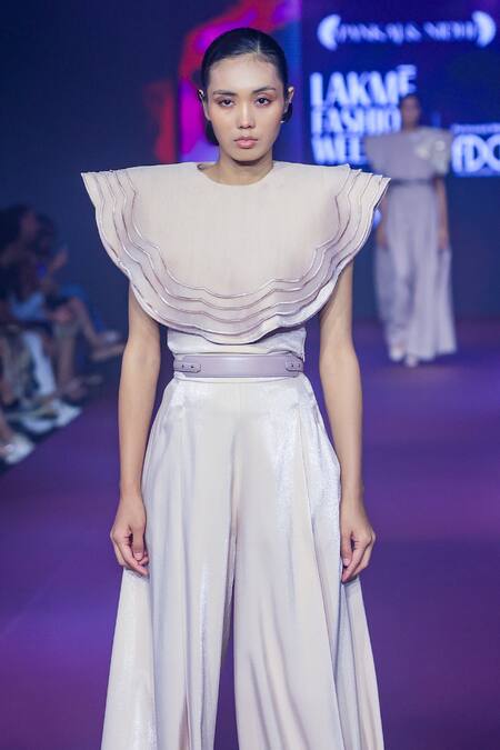 Pankaj & Nidhi_Ivory Organza, Satin Layered Cape Top And Flared Pant Set _Online_at_Aza_Fashions