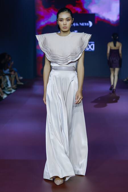 Buy_Pankaj & Nidhi_Ivory Organza, Satin Layered Cape Top And Flared Pant Set _Online_at_Aza_Fashions