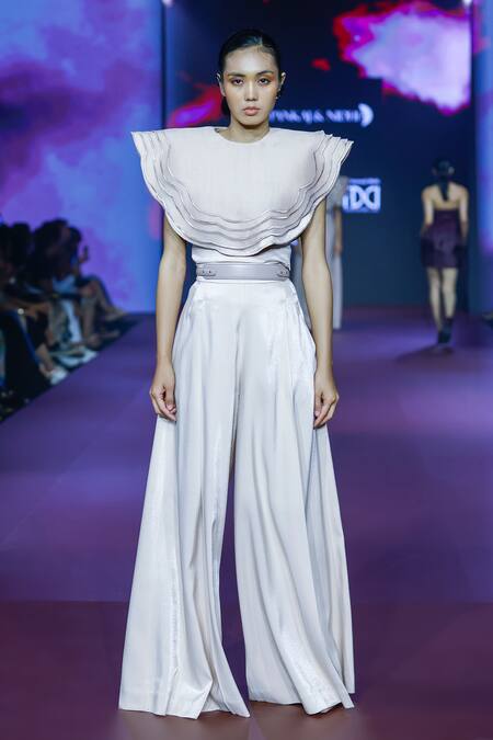 Shop_Pankaj & Nidhi_Ivory Organza, Satin Layered Cape Top And Flared Pant Set _Online_at_Aza_Fashions