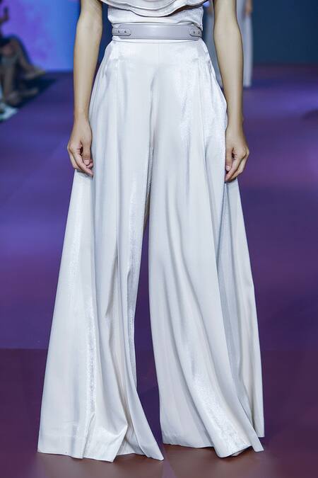 Pankaj & Nidhi_Ivory Organza, Satin Layered Cape Top And Flared Pant Set _at_Aza_Fashions