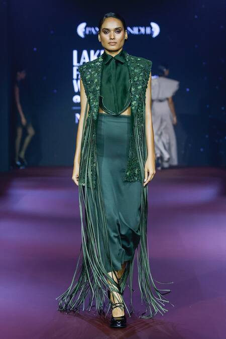 Buy_Pankaj & Nidhi_Green Silk Organza Piping Cypress Cutwork Tuxedo Yoke _Online_at_Aza_Fashions