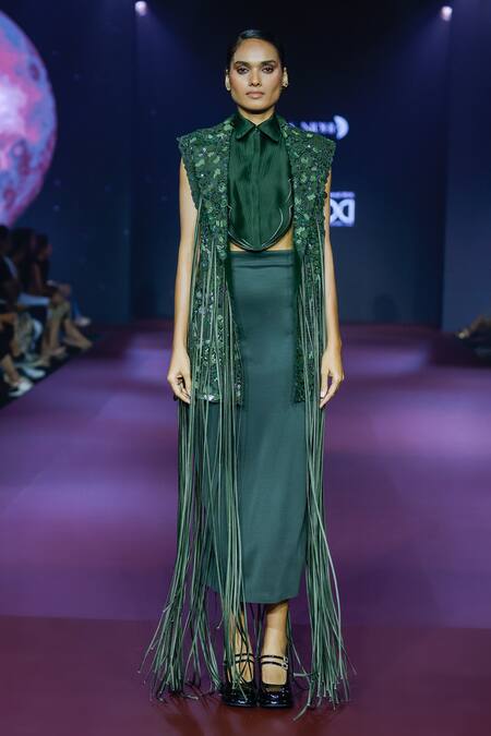 Shop_Pankaj & Nidhi_Green Silk Organza Piping Cypress Cutwork Tuxedo Yoke _Online_at_Aza_Fashions