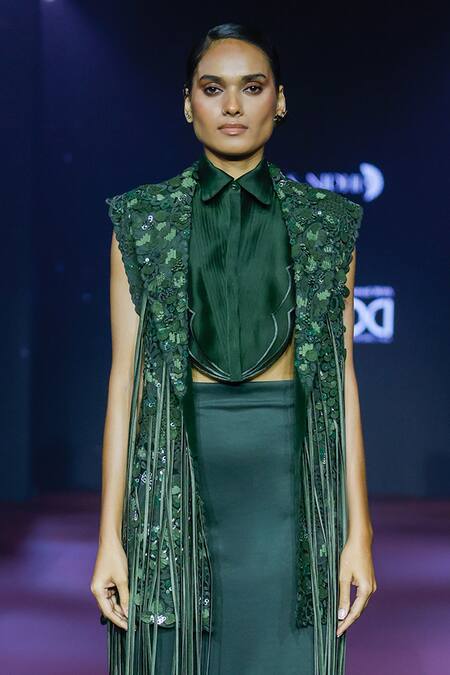 Pankaj & Nidhi_Green Silk Organza Piping Cypress Cutwork Tuxedo Yoke _at_Aza_Fashions