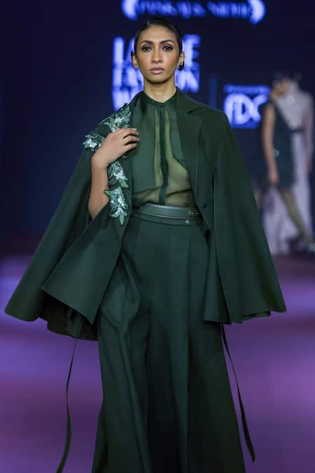 Pankaj & Nidhi_Green Silk Organza Bandeau Neck Cypress Semi Sheer Shirt _Online_at_Aza_Fashions