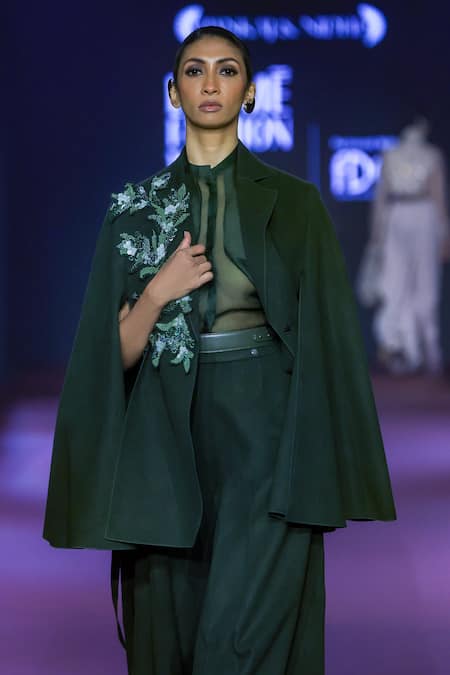 Buy_Pankaj & Nidhi_Green Silk Organza Bandeau Neck Cypress Semi Sheer Shirt _Online_at_Aza_Fashions