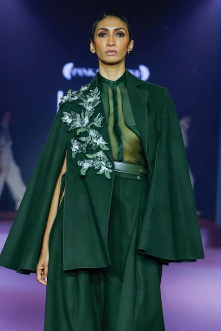 Pankaj & Nidhi_Green Silk Organza Bandeau Neck Cypress Semi Sheer Shirt _at_Aza_Fashions