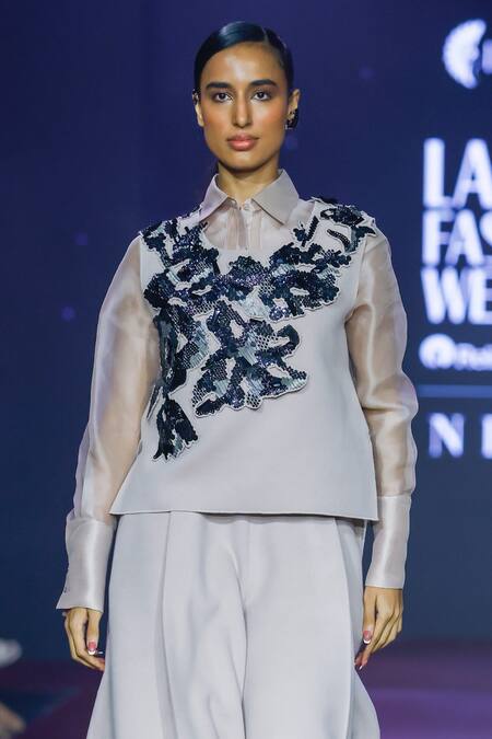 Pankaj & Nidhi Pink Silk Organza Sequins, Embroidery Collared Fawn Semi Sheer Shirt Online at Aza Fashions Pankaj & Nidhi_Pink Silk Organza Sequins, Embroidery Collared Fawn Semi Sheer Shirt _Online_at_Aza_Fashions