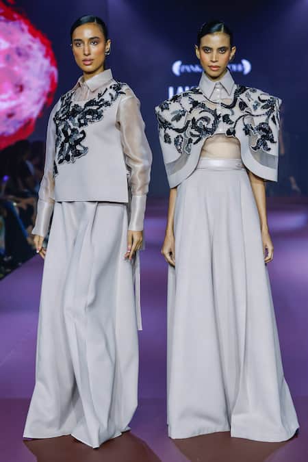 Shop Pankaj & Nidhi Pink Silk Organza Sequins, Embroidery Collared Fawn Semi Sheer Shirt Online at Aza Fashions Shop_Pankaj & Nidhi_Pink Silk Organza Sequins, Embroidery Collared Fawn Semi Sheer Shirt _Online_at_Aza_Fashions