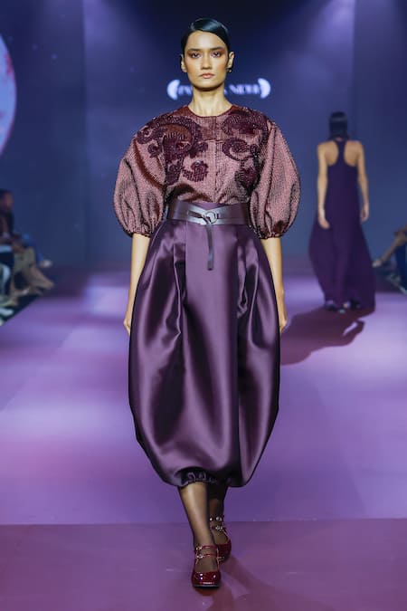 Shop Pankaj & Nidhi Purple Jacquard Embroidery Round Neck Deep Bordeaux Floral Applique Jacket at Aza Fashions Shop_Pankaj & Nidhi_Purple Jacquard Embroidery Round Neck Deep Bordeaux Floral Applique Jacket _at_Aza_Fashions