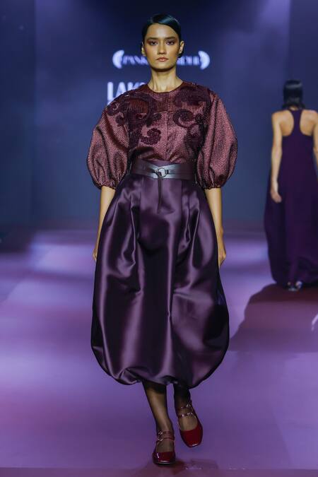 Pankaj & Nidhi Purple Jacquard Embroidery Round Neck Deep Bordeaux Floral Applique Jacket Online at Aza Fashions Pankaj & Nidhi_Purple Jacquard Embroidery Round Neck Deep Bordeaux Floral Applique Jacket _Online_at_Aza_Fashions