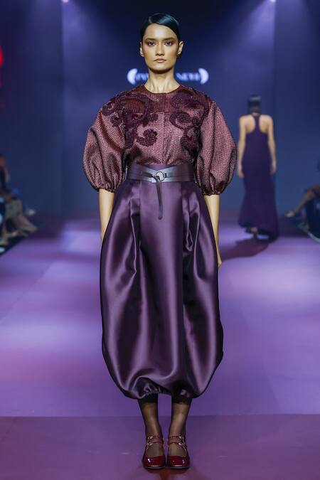 Buy Pankaj & Nidhi Purple Jacquard Embroidery Round Neck Deep Bordeaux Floral Applique Jacket Online at Aza Fashions Buy_Pankaj & Nidhi_Purple Jacquard Embroidery Round Neck Deep Bordeaux Floral Applique Jacket _Online_at_Aza_Fashions