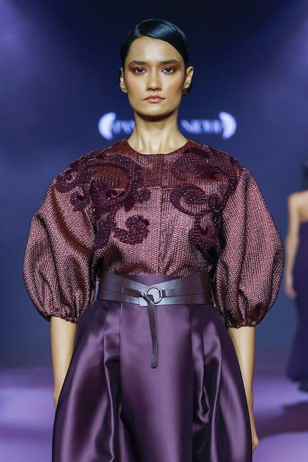 Shop Pankaj & Nidhi Purple Jacquard Embroidery Round Neck Deep Bordeaux Floral Applique Jacket Online at Aza Fashions Shop_Pankaj & Nidhi_Purple Jacquard Embroidery Round Neck Deep Bordeaux Floral Applique Jacket _Online_at_Aza_Fashions