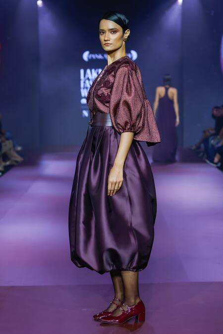 Pankaj & Nidhi Purple Jacquard Embroidery Round Neck Deep Bordeaux Floral Applique Jacket at Aza Fashions Pankaj & Nidhi_Purple Jacquard Embroidery Round Neck Deep Bordeaux Floral Applique Jacket _at_Aza_Fashions