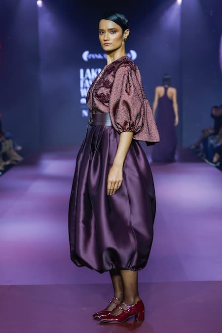 Pankaj & Nidhi Deep Bordeaux Floral Applique Jacket & Skirt Set 