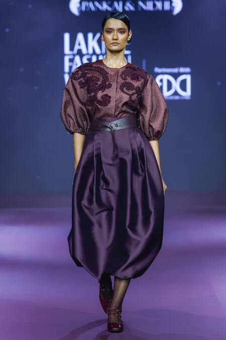 Pankaj & Nidhi_Purple Twill, Lace, Jacquard Deep Bordeaux Floral Jacket And Skirt Set _Online_at_Aza_Fashions
