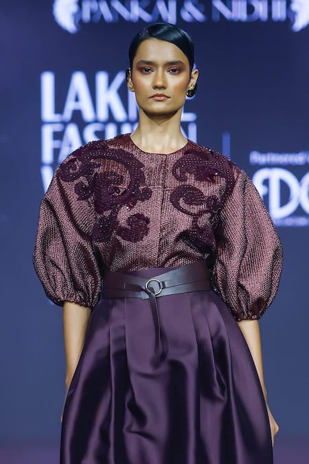 Buy_Pankaj & Nidhi_Purple Twill, Lace, Jacquard Deep Bordeaux Floral Jacket And Skirt Set _Online_at_Aza_Fashions