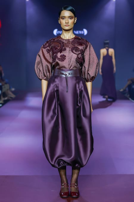 Pankaj & Nidhi_Purple Twill, Lace, Jacquard Deep Bordeaux Floral Jacket And Skirt Set _at_Aza_Fashions