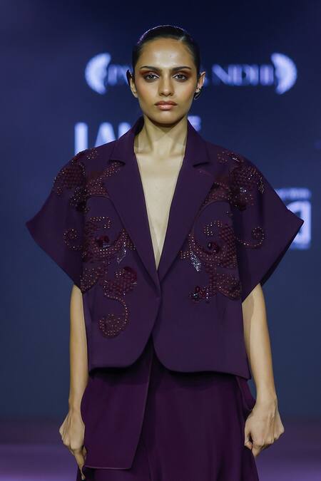 Buy Pankaj & Nidhi Purple Crepe Applique, Beads Open Neck, Raisin Embroidered Jacket Online at Aza Fashions Buy_Pankaj & Nidhi_Purple Crepe Applique, Beads Open Neck, Raisin Embroidered Jacket _Online_at_Aza_Fashions
