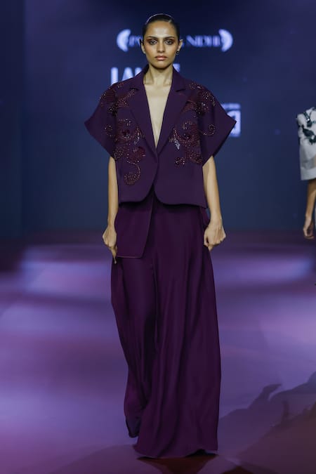 Pankaj & Nidhi_Purple Crepe Applique, Beads V-neck Embroidered Jacket And Skirt Set _Online_at_Aza_Fashions