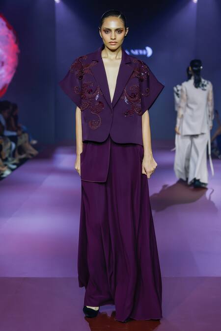 Pankaj & Nidhi_Purple Crepe Applique, Beads V-neck Embroidered Jacket And Skirt Set _at_Aza_Fashions
