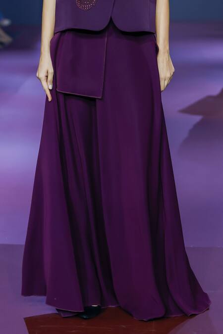 Buy_Pankaj & Nidhi_Purple Crepe Applique, Beads V-neck Embroidered Jacket And Skirt Set 