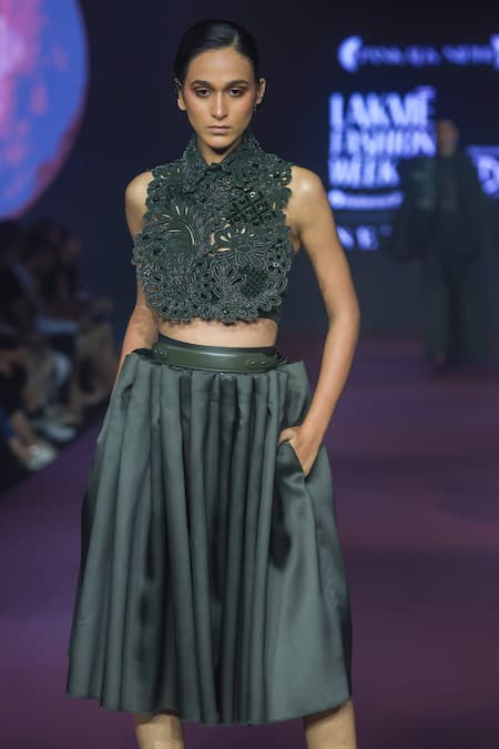 Pankaj & Nidhi_Green Tulle Beads, Embroidery Cypress Cutwork Tuxedo Yoke _Online_at_Aza_Fashions