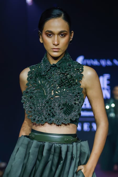 Shop Pankaj & Nidhi Green Tulle Beads, Embroidery Cypress Cutwork Tuxedo Yoke Online at Aza Fashions Shop_Pankaj & Nidhi_Green Tulle Beads, Embroidery Cypress Cutwork Tuxedo Yoke _Online_at_Aza_Fashions