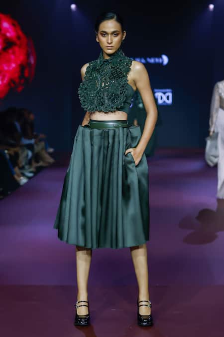 Pankaj & Nidhi Green Tulle Beads, Embroidery Cypress Cutwork Tuxedo Yoke at Aza Fashions Pankaj & Nidhi_Green Tulle Beads, Embroidery Cypress Cutwork Tuxedo Yoke _at_Aza_Fashions