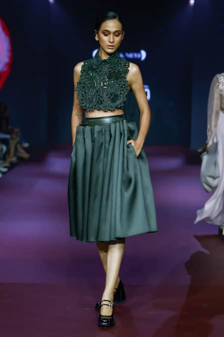 Pankaj & Nidhi Cypress Green Cutwork Tuxedo Yoke & Pleated Skirt 