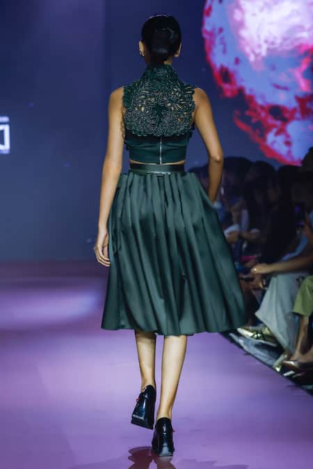Pankaj & Nidhi Cypress Green Cutwork Tuxedo Yoke & Pleated Skirt 