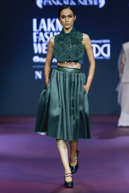 Buy_Pankaj & Nidhi_Green Tulle, Twill Cut Work, Cypress Cutwork Tuxedo Yoke And Pleated Skirt _Online_at_Aza_Fashions
