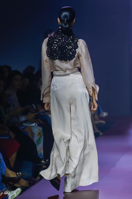 Pankaj & Nidhi Black Cutwork Tuxedo Yoke & Cream Shirt Set 