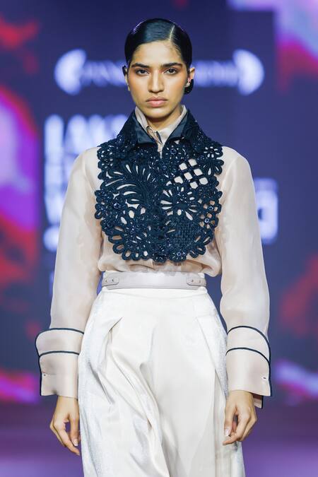 Pankaj & Nidhi_Cream Tulle, Organza, Cut Work, Black Cutwork Tuxedo Yoke And Shirt Set _Online_at_Aza_Fashions